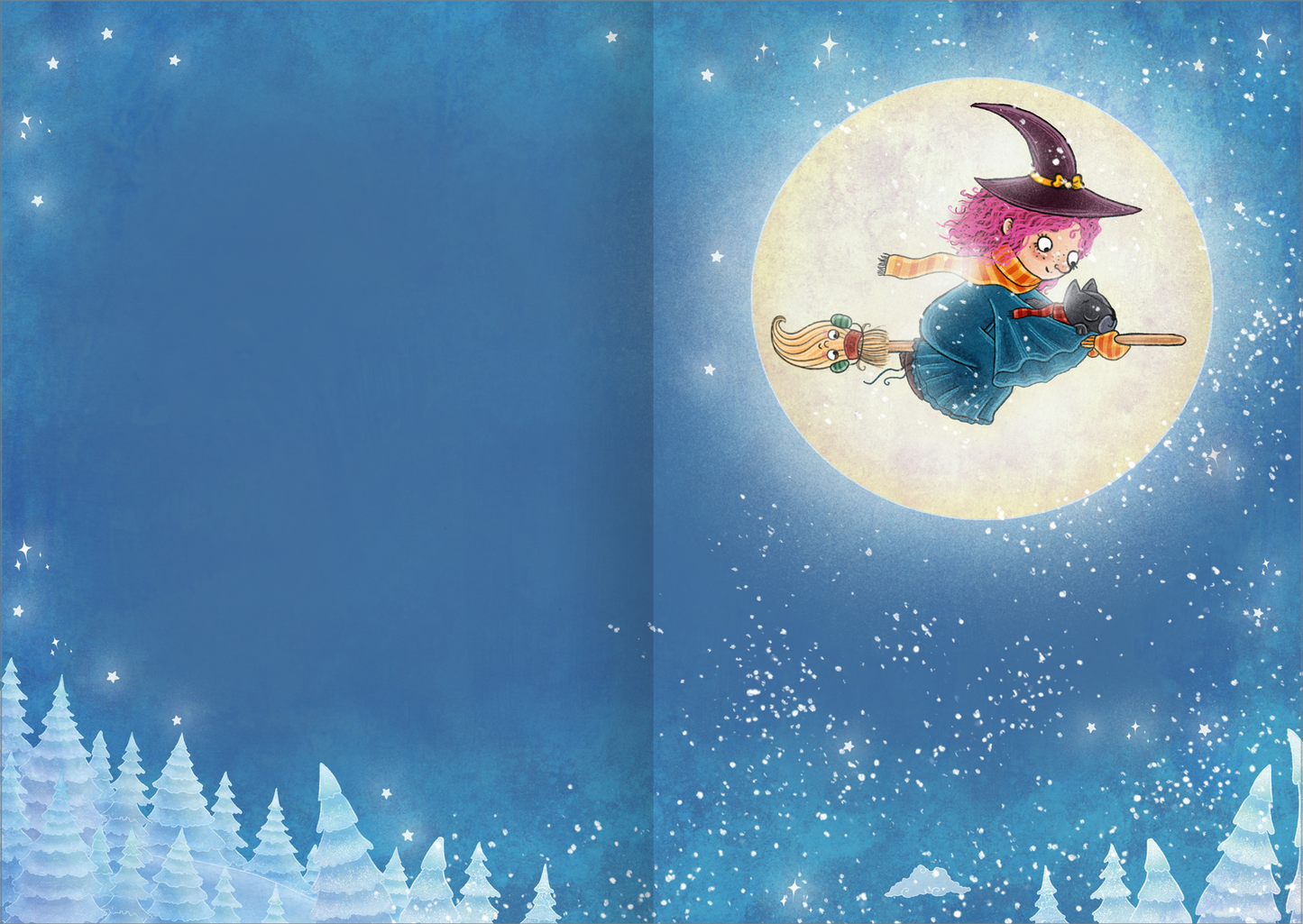 Gezeigt wird eine Innen- oder Zusatzansicht von „Hella Pfefferkessel und die Hexenweihnacht“. Die illustration zeigt eine Hexe mit lila Haaren und einem schwarzen Hut, die auf ihrem Besen durch eine winterliche Nacht fliegt. Im Hintergrund ist ein großer, heller Mond und ein schneebedeckter Wald mit stilisierten, weißen Tannenbäumen zu sehen. Die Farben sind überwiegend in Blau- und Weißtönen gehalten, was eine magische, winterliche Atmosphäre schafft.