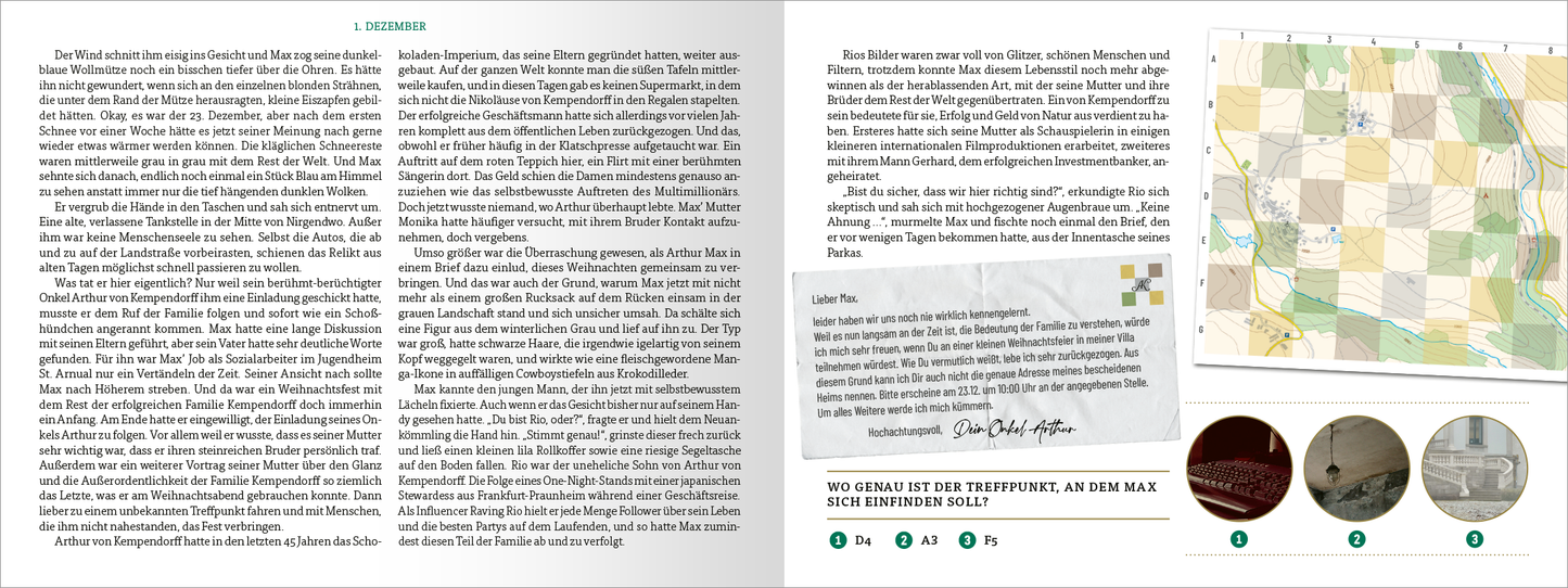 Gezeigt wird eine Innen- oder Zusatzansicht von „Ein Toter zur Bescherung“. Die Seite enthält einen Textabschnitt auf der linken Seite mit schwarzer Schrift auf hellem Hintergrund. Der Text ist in gut lesbarer Serife-Typografie gesetzt. Auf der rechten Seite befindet sich eine Rätselfrage, ergänzt durch einen farbigen Kartenausschnitt in sanften Erdtönen. Außerdem sind drei runde Bildausschnitte zu sehen, die den drei angegebenen Lösungsmöglichkeiten des Rätsels zugeordnet sind. Die...