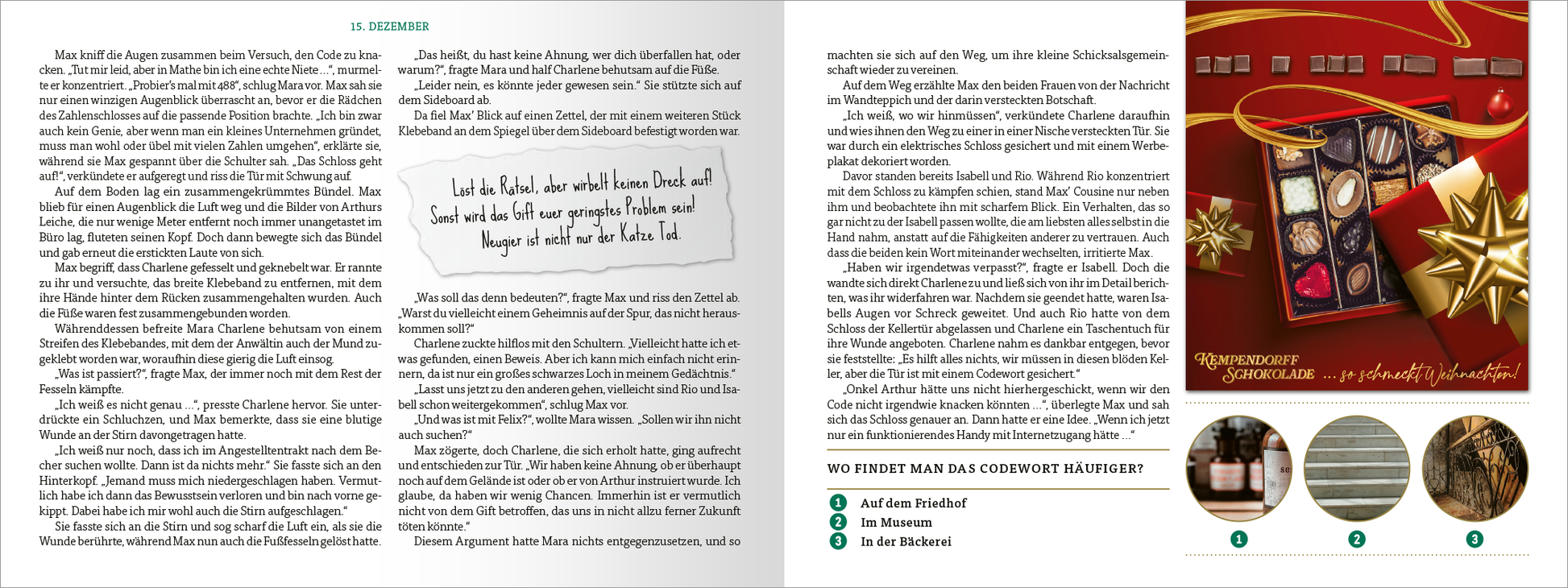 Gezeigt wird eine Innen- oder Zusatzansicht von „Ein Toter zur Bescherung“. Auf der linken Seite ist der Text in dunkelgrauer Schrift auf hellem Hintergrund abgebildet. Auf der rechten Seite unten befindet sich eine Rätselfrage, verdeutlicht durch ein farbiges Bild von Schokoladenpralinen in einer festlichen Verpackung, die mit einer goldenen Schleife geschmückt ist. Außerdem sind drei runde Bildausschnitte zu sehen, die den drei angegebenen Lösungsmöglichkeiten des Rätsels zugeordnet...