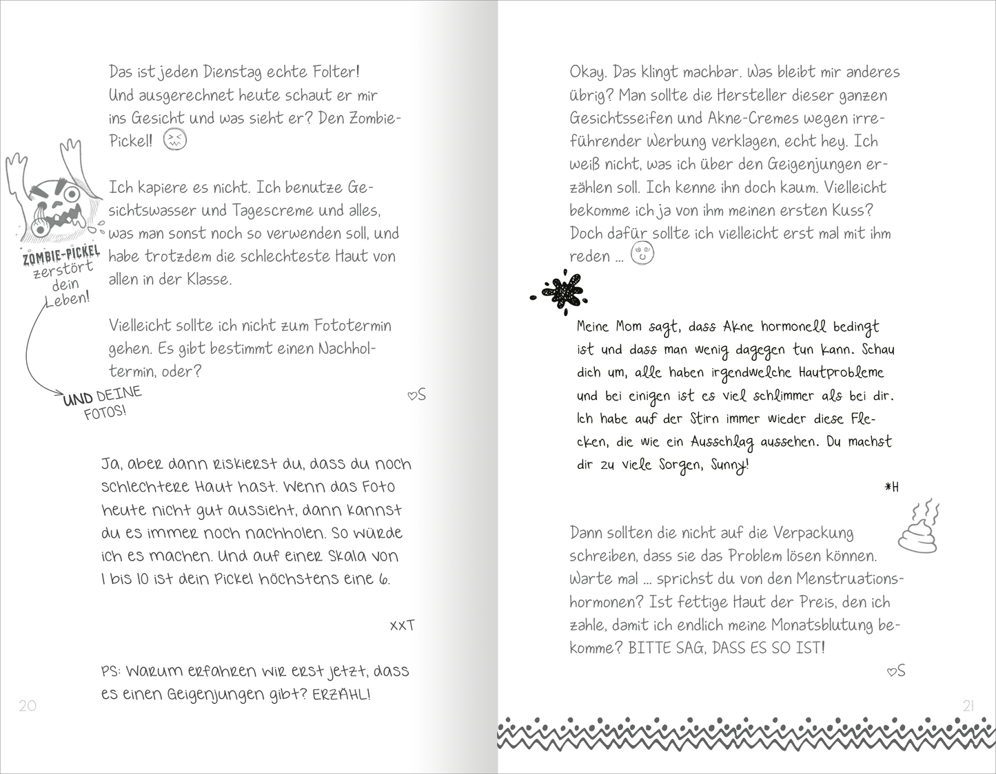 Gezeigt wird eine Innenansicht von „Ein Tagebuch für vier – Wir sind die besten Freundinnen“. Die Seiten sind mit handschriftlicher, verspielter Typografie in Schwarz gehalten. Illustrationen in Form von kleinen Zeichnungen, wie einem Zombie, ergänzen den Text. Die Layoutgestaltung ist offen und einladend, mit ausreichend Platz zwischen den Absätzen für eine klare Lesbarkeit.