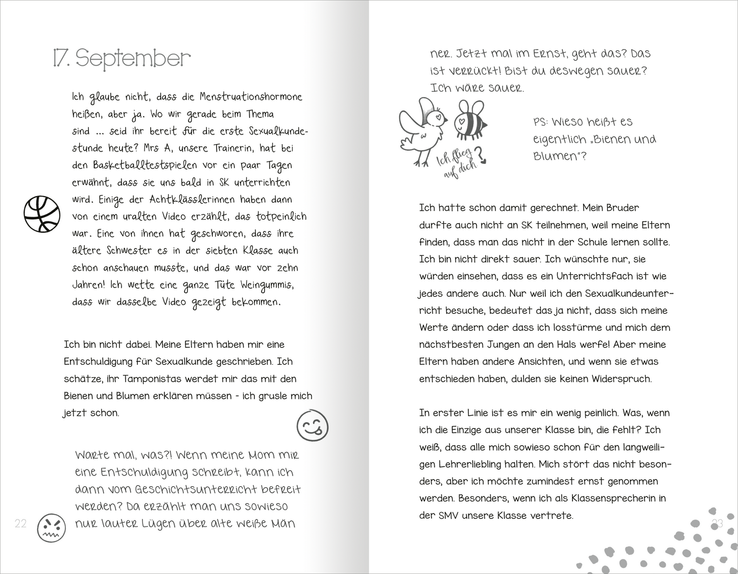 Gezeigt wird eine Innen- oder Zusatzansicht von „Ein Tagebuch für vier – Wir sind die besten Freundinnen“. Die Doppelseite zeigt handschriftliche Einträge, liebevolle Illustrationen und Symbole. Auf der linken Seite sind Zeichnungen, wie ein Basketball und ein Smiley.