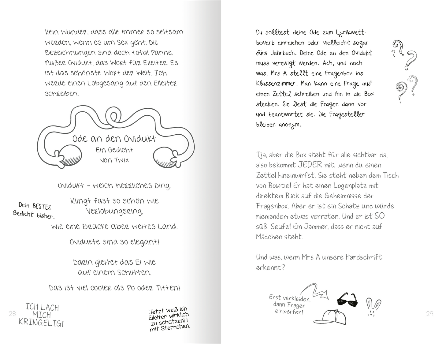 Gezeigt wird eine Innen- oder Zusatzansicht von „Ein Tagebuch für vier – Wir sind die besten Freundinnen“. Auf der linken Seite steht ein Gedicht, hervorgehoben durch eine verspielte Typografie und kleine Illustrationen. Handgezeichnete Elemente, wie Fragezeichen und kleine Skizzen, ergänzen den Text und verleihen der Seite einen kreativen, persönlichen Charakter.