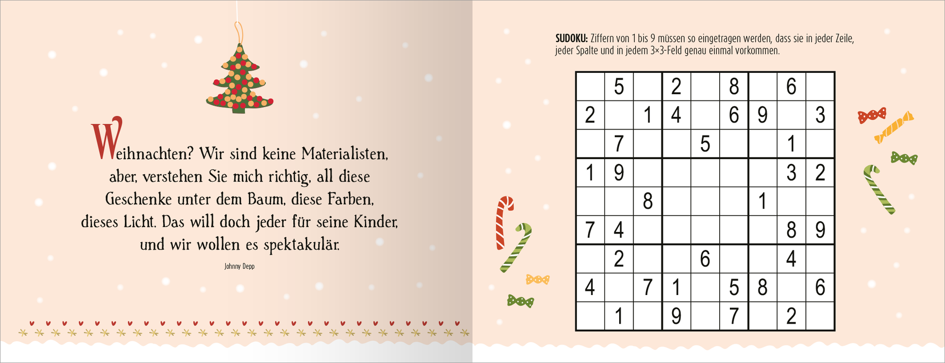 Gezeigt wird eine Innen- oder Zusatzansicht von „24 spannende Advents-Rätsel für den Ruhestand“. Auf der linken Seite befindet sich ein fröhlicher Text in roter, verspielter Schrift auf hellbeigem Hintergrund. Eine einfache, stilisierte Weihnachtsbaum-Illustration und Verzierung mit kleinen Herzen umrahmen den Text. Die rechte Seite zeigt ein leeres Sudoku-Raster mit nummerierten Kästchen. Bunte Illustrationen, wie Zuckerstangen und Schleifen, schmücken die Ecken.