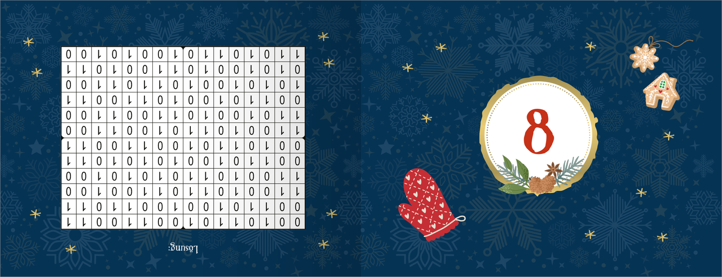 Gezeigt wird eine Innen- oder Zusatzansicht von „24 spannende Advents-Rätsel für den Ruhestand“. Die linke Seite zeigt ein Raster aus Zahlen in Schwarz auf weißem Hintergrund. Auf der rechten Seite befindet sich eine eingerahmte Zahl „8“ in rot, umgeben von weihnachtlichen Motiven wie einem Lebkuchenhaus, einer roten Handschuh und einem Stern. Der Hintergrund ist in einem tiefen Blau gehalten, mit dezenten, helleren Schneeflockenmustern.