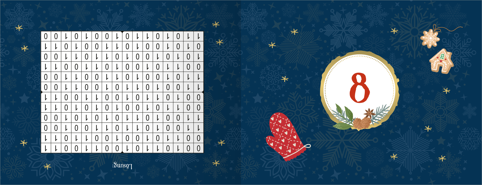 Gezeigt wird eine Innen- oder Zusatzansicht von „24 spannende Advents-Rätsel für den Ruhestand“. Die linke Seite zeigt ein Raster aus Zahlen in Schwarz auf weißem Hintergrund. Auf der rechten Seite befindet sich eine eingerahmte Zahl „8“ in rot, umgeben von weihnachtlichen Motiven wie einem Lebkuchenhaus, einer roten Handschuh und einem Stern. Der Hintergrund ist in einem tiefen Blau gehalten, mit dezenten, helleren Schneeflockenmustern.