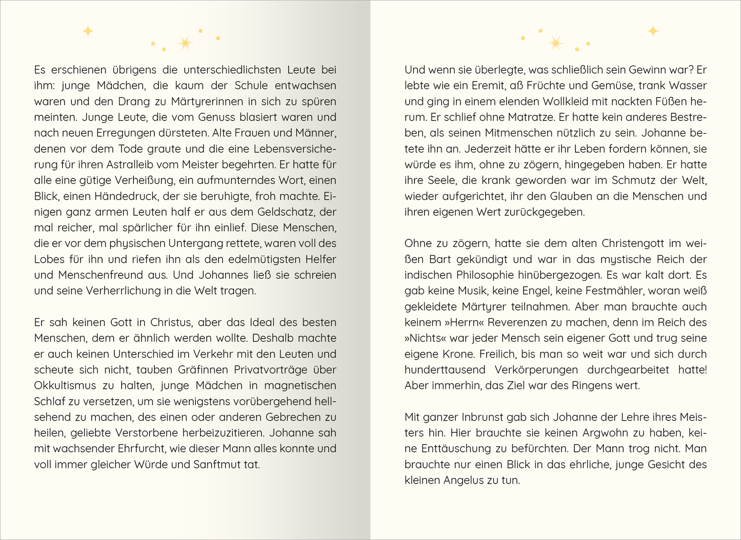 Gezeigt wird eine Innen- oder Zusatzansicht von „Von Magie und Raunächten. 24 zauberhafte Geschichten“. Die Seiten sind in einem sanften Creme-Ton gehalten, mit goldenen Sternen dekoriert. Die Typografie ist gut lesbar, in einer eleganten Schriftart, die den märchenhaften Charakter der Geschichten unterstreicht. Der Text ist klar strukturiert und in Absätze gegliedert, was die Lesbarkeit verbessert. Illustrative Elemente und zarte Verzierungen runden die verträumte Atmosphäre ab.