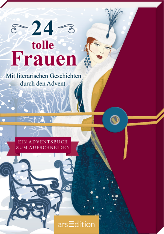 Das Buchcover zeigt eine elegant gekleidete Frau in einem winterlichen Szenario, umgeben von Schneelandschaft und stilisierten Bänken. Die Farbpalette umfasst sanfte Blau- und Weißtöne, kontrastiert durch kräftige rote Schriftzüge für „24 tolle Frauen“. Der Untertitel „Mit literarischen Geschichten durch den Advent“ ist in einer klaren, gut lesbaren Schrift gehalten. Oben links befindet sich ein SPIEGEL-Bestseller-Button mit dem Text „SPIEGEL-Bestseller“. Ganz unten mittig...