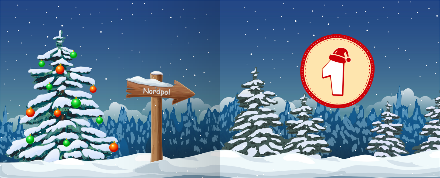 Gezeigt wird eine Innen- oder Zusatzansicht von „Das große Weihnachtschaos. Adventskalender“. Die Illustration zeigt eine winterliche Landschaft mit schneebedeckten Tannenbäumen und einem Schild, das zum „Nordpol“ weist. Der Himmel ist tiefblau mit weißen Schneeflocken. Auf der rechten Seite befindet sich eine runde, rote Markierung mit einer weißen Zahl „1“ und einer Weihnachtsmütze, die in einem festlichen, kindgerechten Stil gestaltet ist.