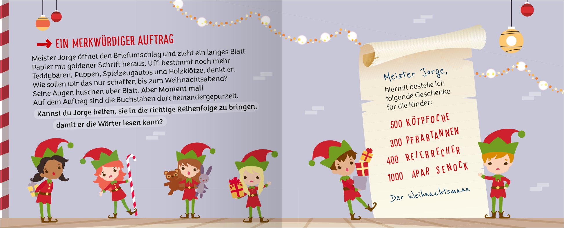 Gezeigt wird eine Innen- oder Zusatzansicht von „Das große Weihnachtschaos. Adventskalender“. Die Doppelseite zeigt einen bunten Weihnachtsmotiv-Hintergrund mit festlichen Elementen wie Lichtern und Zuckerstangen. Auf der linken Seite stehen fröhliche Weihnachtswichtel mit Geschenken, während die rechte Seite einen langen Brief zeigt, verziert mit einer roten Schleife und handgeschriebenem Text in klarer, kindgerechter Typografie. Die Farben sind überwiegend in festlichem Rot, Grün und...
