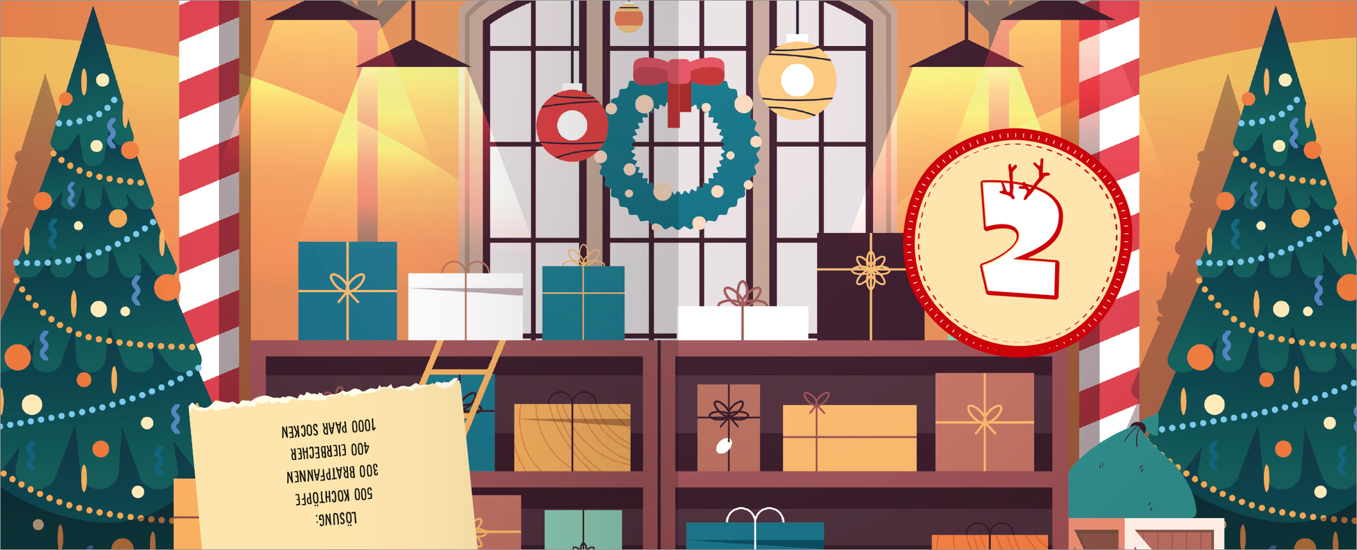 Gezeigt wird eine Innen- oder Zusatzansicht von „Das große Weihnachtschaos. Adventskalender“. Die Illustration zeigt einen gemütlichen Raum mit einem großen Bücherregal, geschmückt mit bunten Geschenken in Blau, Gelb und Braun. Auf der linken Seite steht ein dekorierter Weihnachtsbaum. Ein Kranz hängt an einem Fenster, das von warmen Lichtern beleuchtet wird. Große Zahlen markieren die Adventstage. Die Farben sind leuchtend und festlich, während die Typografie fröhlich und...