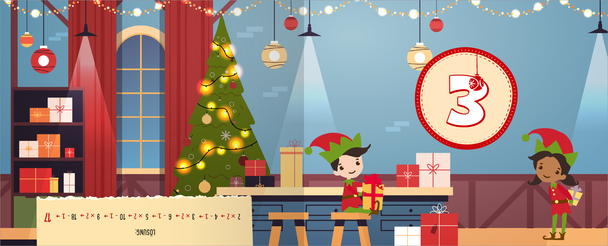 Gezeigt wird eine Innen- oder Zusatzansicht von „Das große Weihnachtschaos. Adventskalender“. Die Szene zeigt einen festlich dekorierten Raum mit einem großen Weihnachtsbaum, der mit Lichtern geschmückt ist. Zwei fröhliche Elfen in grünen und roten Hüten stehen an einem Tisch mit Geschenken. Über ihnen hängen Lichterketten. Der große, rote Kreis mit der Zahl „3“ hebt sich deutlich ab und ist ein zentrales Designelement. Die Farben sind überwiegend warm und einladend, in...