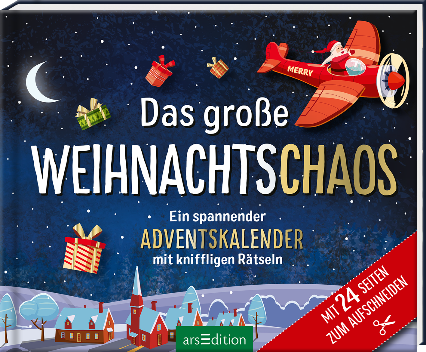 Das Cover zeigt eine festliche, nächtliche Landschaft mit einem klaren, blauen Himmel und leuchtenden Sternen. Oben links fliegt ein rotes Flugzeug mit dem Schriftzug „MERRY“, während bunte Geschenkpäckchen in der Luft schweben. Der Titel „Das große WEIHNACHTSCHAOS“ ist in großen, weißen Buchstaben prominent platziert. Darunter steht die Beschreibung „Ein spannender ADVENTSKALENDER mit kniffligen Rätseln“ in gelber Schrift. Rechts unten befindet sich ein roter Button mit der...