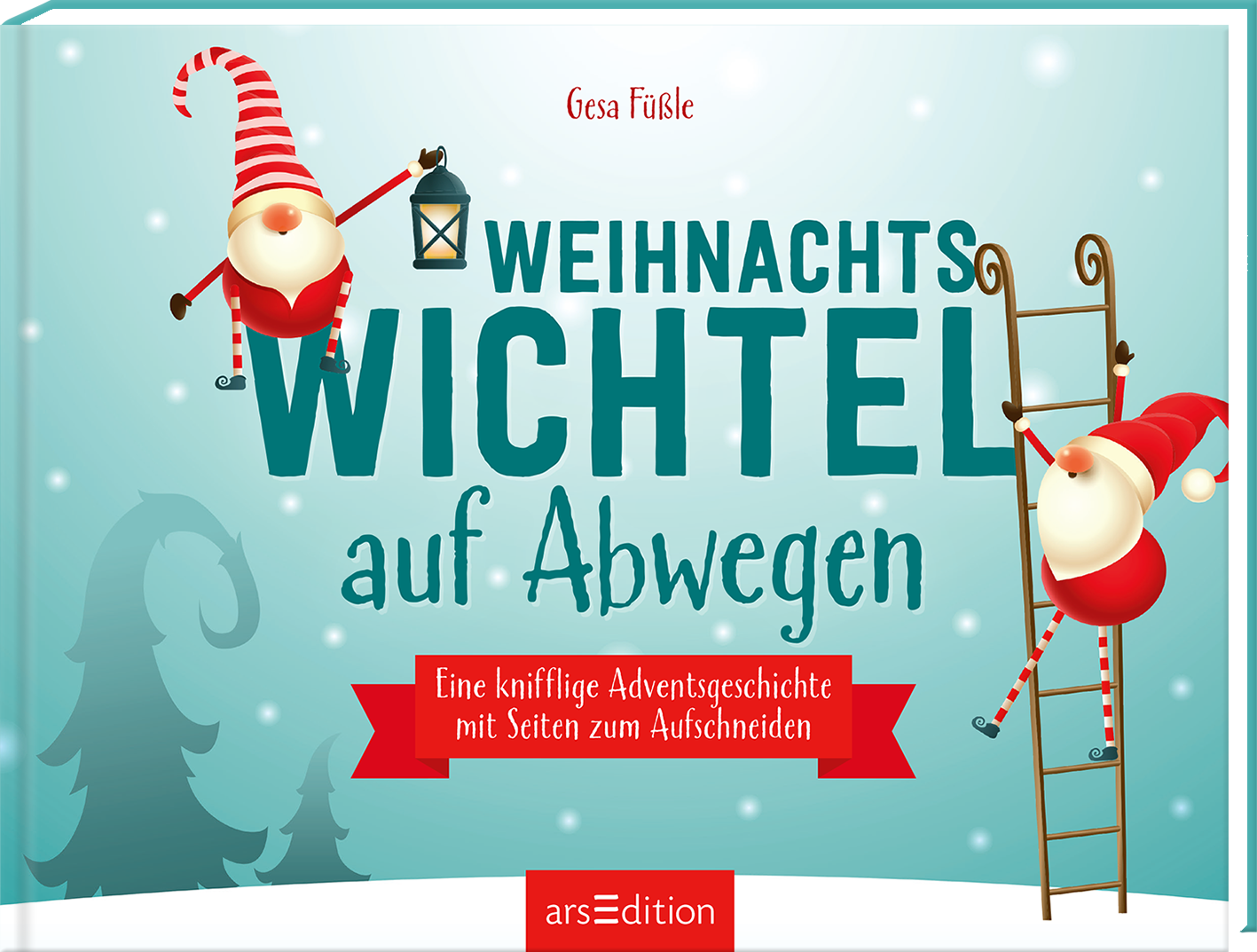 Das Buchcover zeigt zwei fröhliche Weihnachtswichtel, die auf einer hellblauen Hintergrundfarbe agieren. Der Wichtel links trägt einen rot-weiß gestreiften Hut und hält eine Laterne, während der rechte Wichtel an einer Leiter steht. Der Titel „WEIHNACHTSWICHTEL auf Abwegen“ ist in großen, bunten Buchstaben geschrieben, und darunter steht der Untertitel „Eine knifflige Adventsgeschichte mit Seiten zum Aufschneiden“ in kleinerer Schrift. Oben ist der Name der Autorin Gesa Füßle...