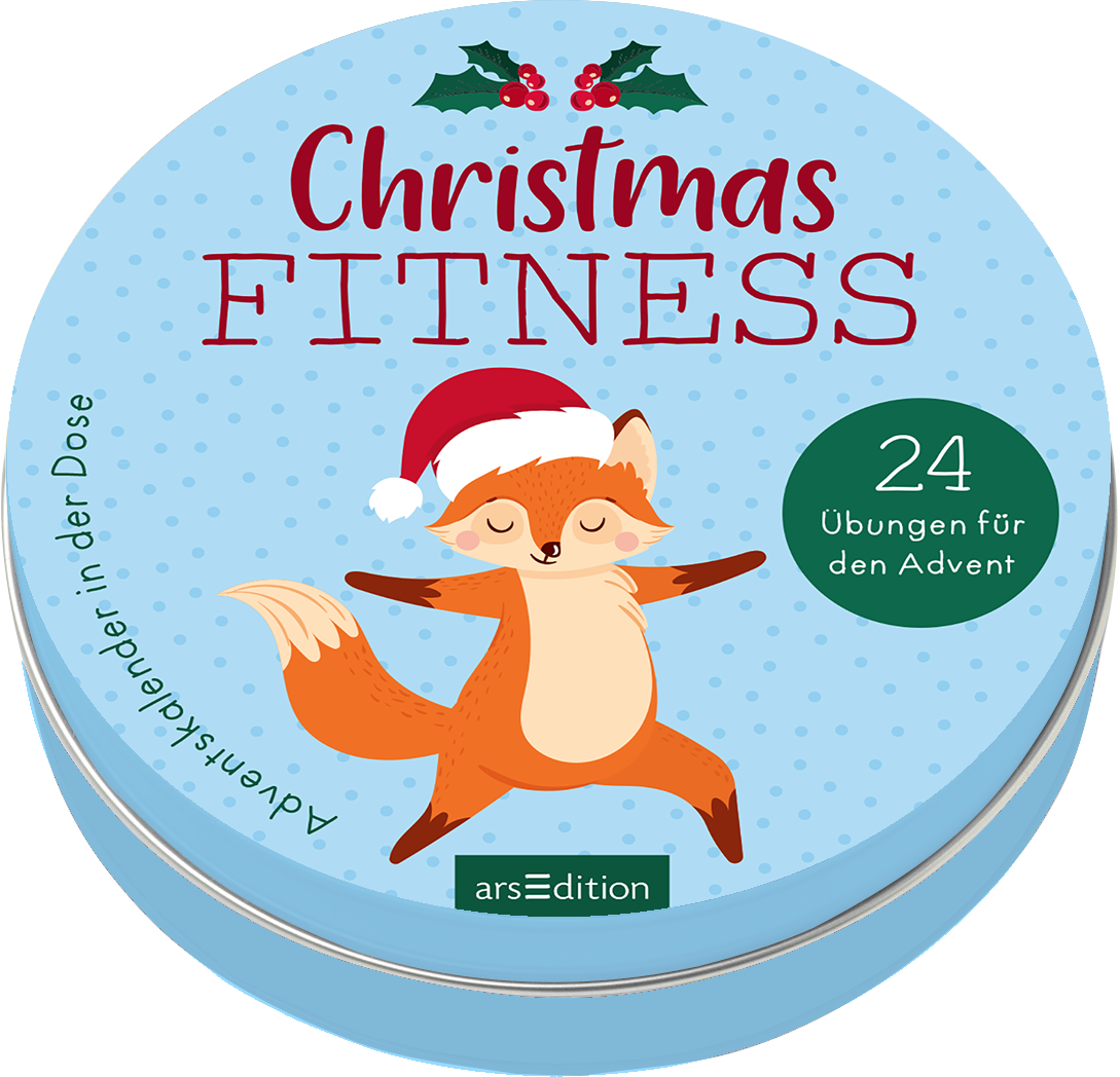 Auf einem hellblauen Hintergrund steht in verspielter roter Schrift „Christmas FITNESS“. Darunter ist ein fröhlicher, cartoonartiger Fuchs mit einer Weihnachtsmütze abgebildet, der in einer Yoga-Pose steht. Links oben sind einige Tannenzweige mit roten Beeren abgebildet. Im unteren Bereich des Covers befindet sich ein grüner Punkt mit der Aufschrift „24 Übungen für den Advent“. Ganz unten mittig steht der Logoschriftzug von arsEdition.