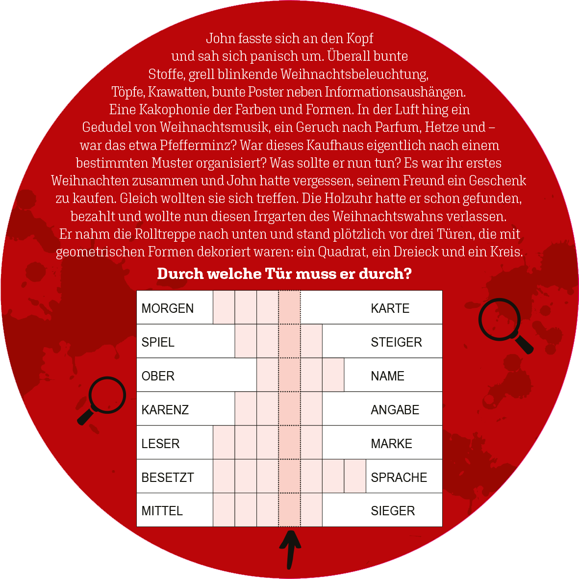 Gezeigt wird eine Innen- oder Zusatzansicht von „Escape-Adventskalender in der Dose“. Die Ansicht zeigt lebendige, bunte Illustrationen, die festliche Weihnachtsstimmung einfangen, mit verschiedenen geometrischen Formen wie Quadraten, Dreiecken und Kreisen. Dazu sind Elemente wie Weihnachtsbeleuchtung und weihnachtliche Waren dargestellt. Die typografischen Elemente sind klar und gut lesbar, mit einer Mischung aus verspielten und modernen Schriftarten, die den fröhlichen Charakter des...