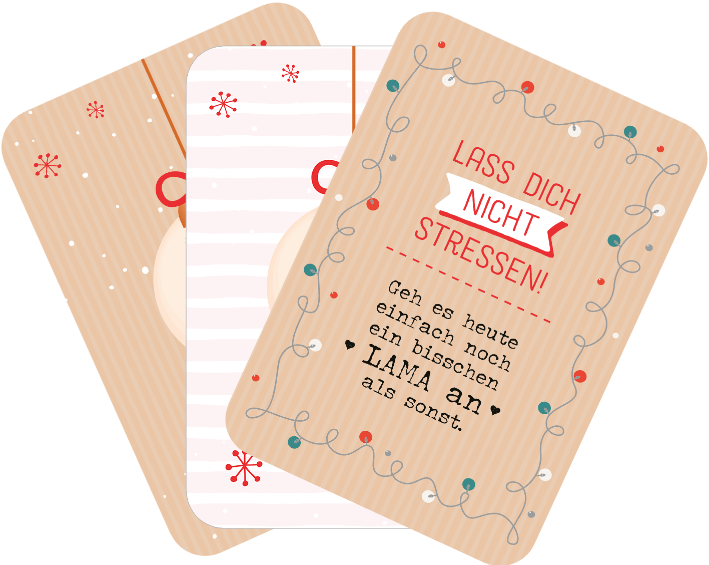 Gezeigt wird eine Innen- oder Zusatzansicht von „Chill mal durch den Advent“. Die Ansicht zeigt mehrere Karten in warmen, beige und pastellfarbenen Tönen. Die Vorderseiten sind mit festlichen Motiven und fröhlichen Schriftzügen gestaltet. Auf einer Karte steht in rot „LASS DICH NICHT STRESSEN!“ umrahmt von einer bunten Lichterkette. Die anderen Karten nutzen unterschiedliche Muster, darunter Streifen und einfache Illustrationen. Die Typografie ist spielerisch und gut lesbar.