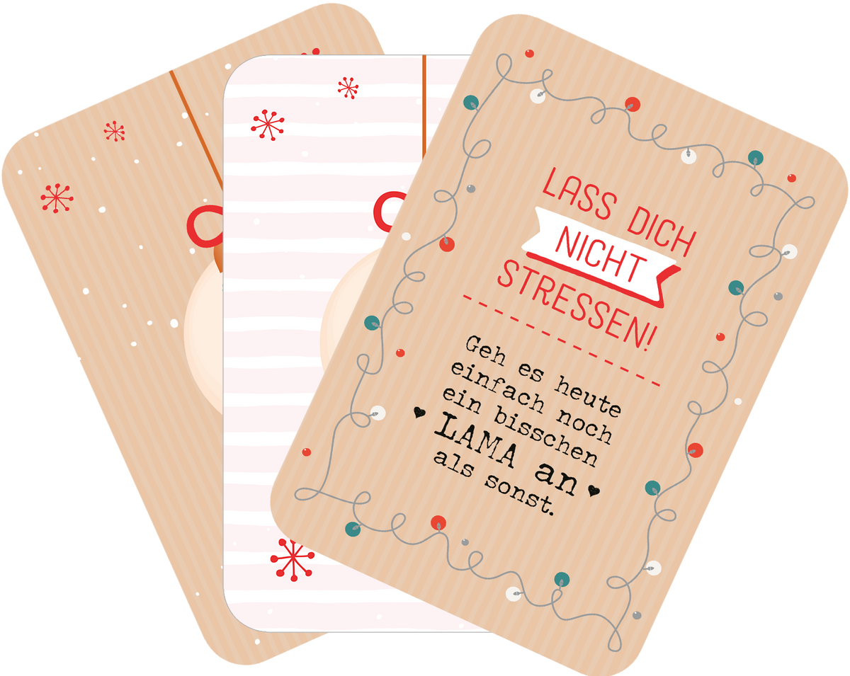 Gezeigt wird eine Innen- oder Zusatzansicht von „Chill mal durch den Advent“. Die Ansicht zeigt mehrere Karten in warmen, beige und pastellfarbenen Tönen. Die Vorderseiten sind mit festlichen Motiven und fröhlichen Schriftzügen gestaltet. Auf einer Karte steht in rot „LASS DICH NICHT STRESSEN!“ umrahmt von einer bunten Lichterkette. Die anderen Karten nutzen unterschiedliche Muster, darunter Streifen und einfache Illustrationen. Die Typografie ist spielerisch und gut lesbar.