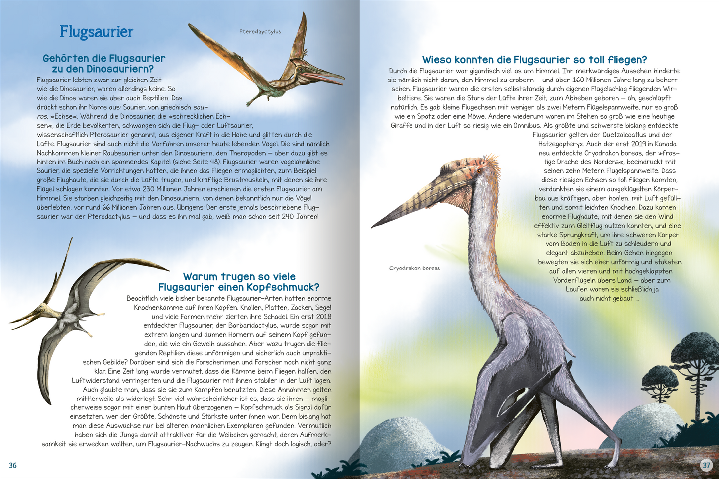 Gezeigt wird eine Innen- oder Zusatzansicht von „Was willst du wissen? Das große Fragen- und Antwortenbuch – Dinosaurier“. Die Doppelseite ist in sanften Farbtönen gehalten, mit überwiegendem Blau und Grün, die die Umgebung der Dinosaurier darstellen. Auf der linken Seite sind zwei Flugzeuge abgebildet, während rechts ein großer Flugzeugheber in lebendigen Farben illustriert ist. Die Texte sind in klarer, gut lesbarer Schriftart gestaltet, wobei wichtige Informationen durch...