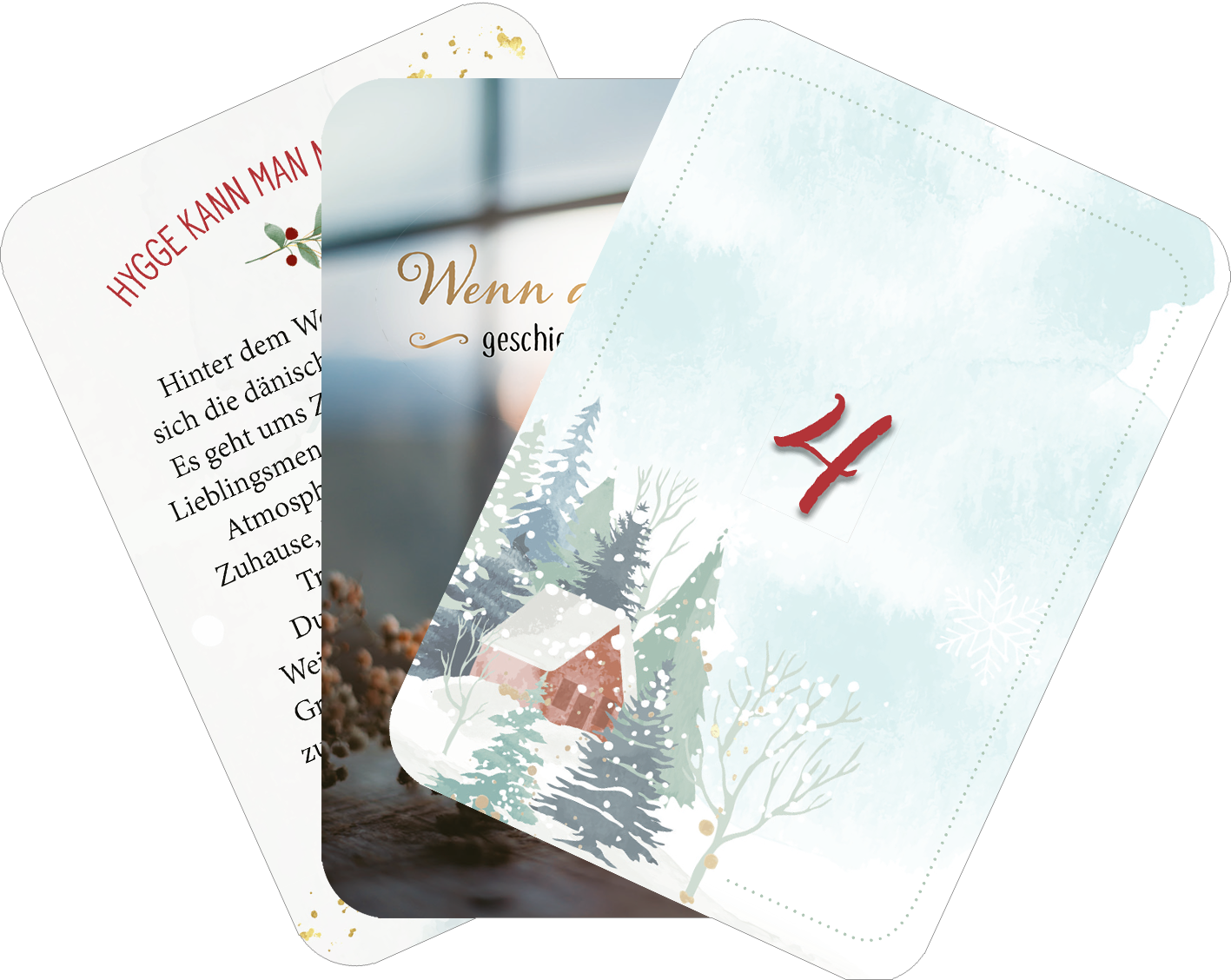 Gezeigt wird eine Innen- oder Zusatzansicht von „Adventszauber für dich“. Die Karten präsentieren eine harmonische Gestaltung in sanften Pastellfarben, mit Illustrationen von verschneiten Bäumen und einem kleinen, roten Häuschen. Die Typografie ist elegant und einladend, wobei der Text um eine zentrale goldene Schrift ergänzt wird. Auf einer Karte ist die Zahl „4“ in auffälligem Rot dargestellt, was die weihnachtliche Atmosphäre unterstreicht.