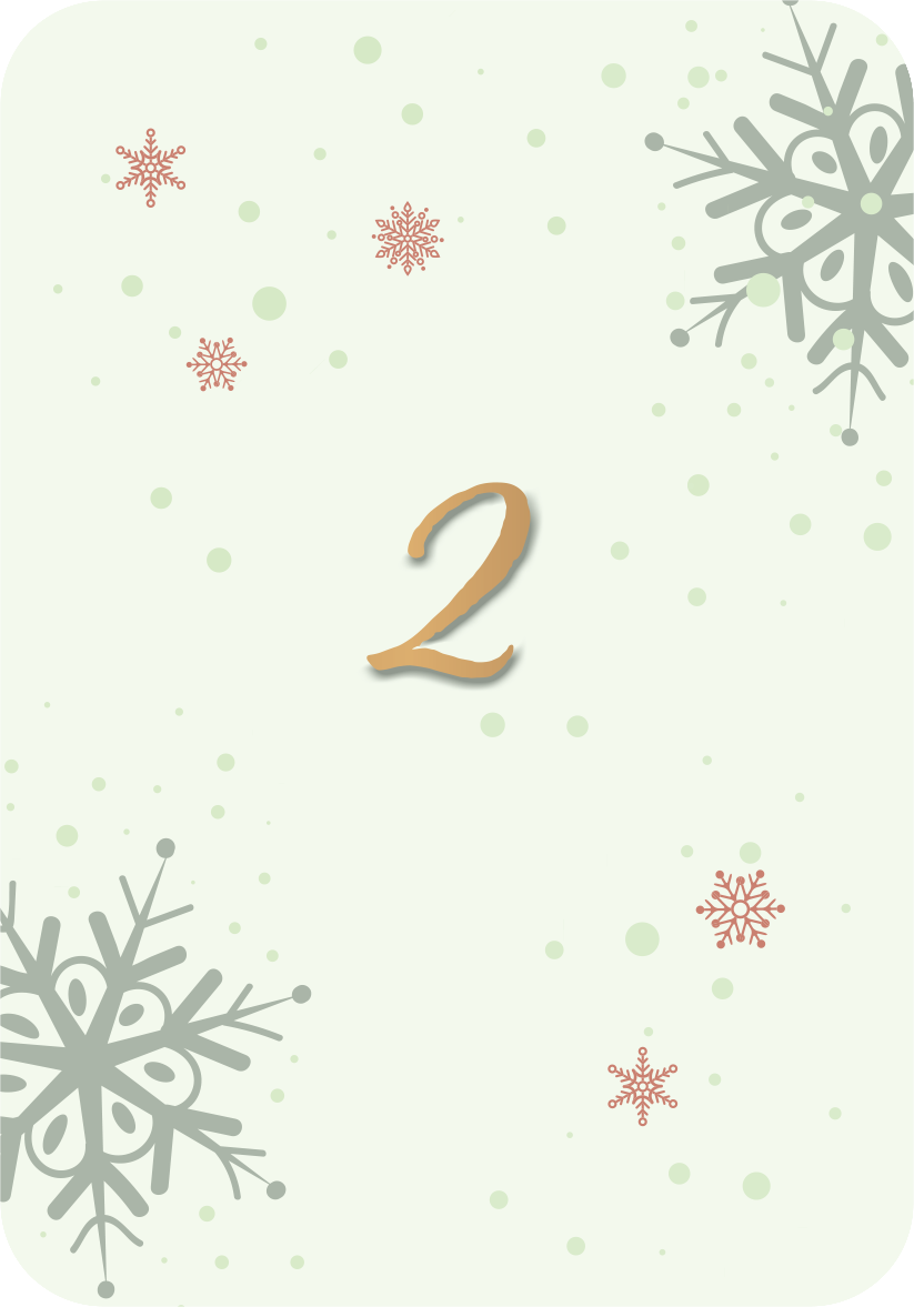 Gezeigt wird eine Innen- oder Zusatzansicht von „Adventszauber für dich“. Die Ansicht zeigt die Zahl „2“ in geschwungener, goldener Schrift, umgeben von winterlichen Motiven. Sanfte Grüntöne bilden den Hintergrund, während weiße und rote Schneeflocken dekorativ verstreut sind. Die klare Typografie und harmonischen Farbnuancen schaffen eine festliche und einladende Atmosphäre.