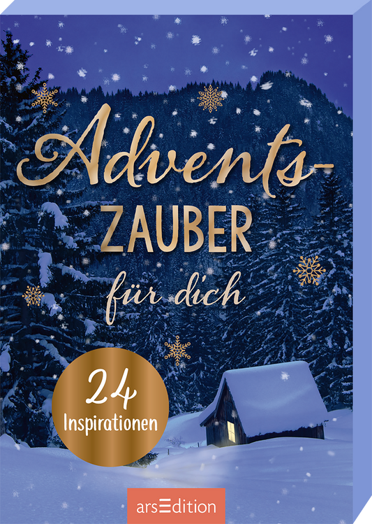 Das Buchcover zeigt eine winterliche Landschaft bei Nacht, in der schneebedeckte Tannenbäume zu sehen sind und sanfte Schneeflocken fallen. Der Titel „Adventszauber für dich“ ist in eleganter, goldener Schrift mittig platziert. Darunter steht in kleinerer, weißer Schrift „24 Inspirationen“. In der unteren linken Ecke ist ein schlichtes, beleuchtetes Häuschen abgebildet. Oben rechts ist ein SPIEGEL-Bestseller-Button mit der Aufschrift „SPIEGEL-Bestseller“ integriert. Ganz unten...