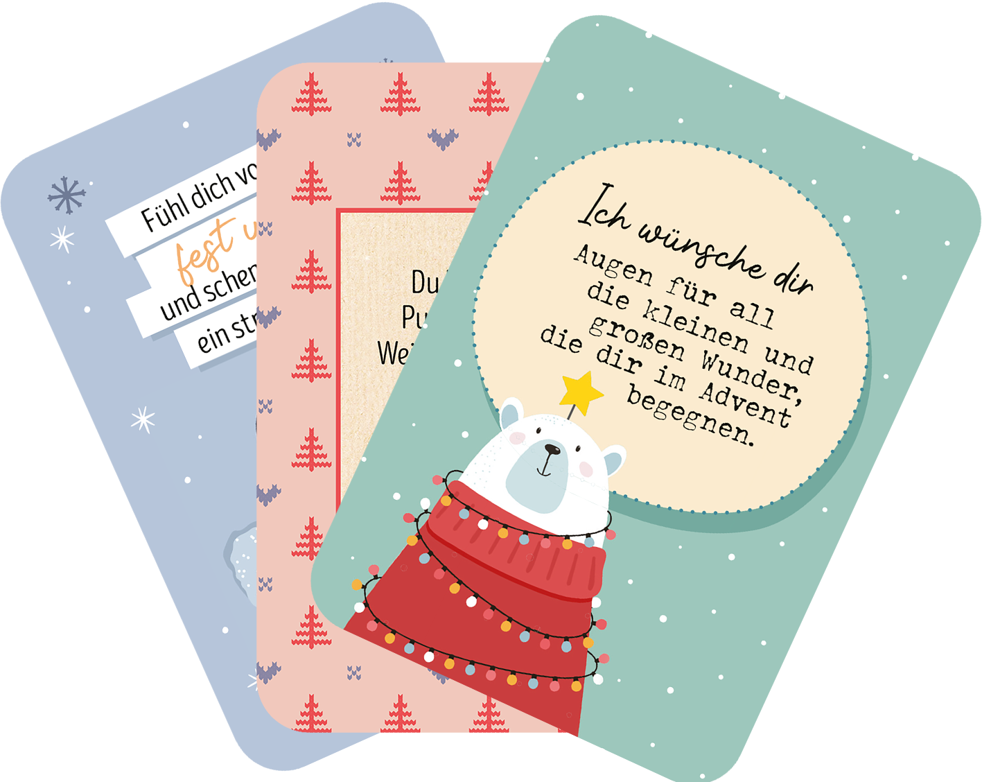 Gezeigt wird eine Innen- oder Zusatzansicht von „Ich denk an dich im Advent“. Drei Karten sind übereinander angeordnet. Die erste Karte ist pastellblau mit weißer Schrift und Schneeflockenmotiven, die zweite ist rosa mit kleinen Weihnachtsbaum-Illustrationen und einer beige Fläche in der Mitte. Die dritte Karte hat einen mintgrünen Hintergrund und zeigt einen dekorierten, lächelnden Bären in einem roten Pullover. Der Text auf dieser Karte lautet: „Ich wünsche dir Augen für all die...