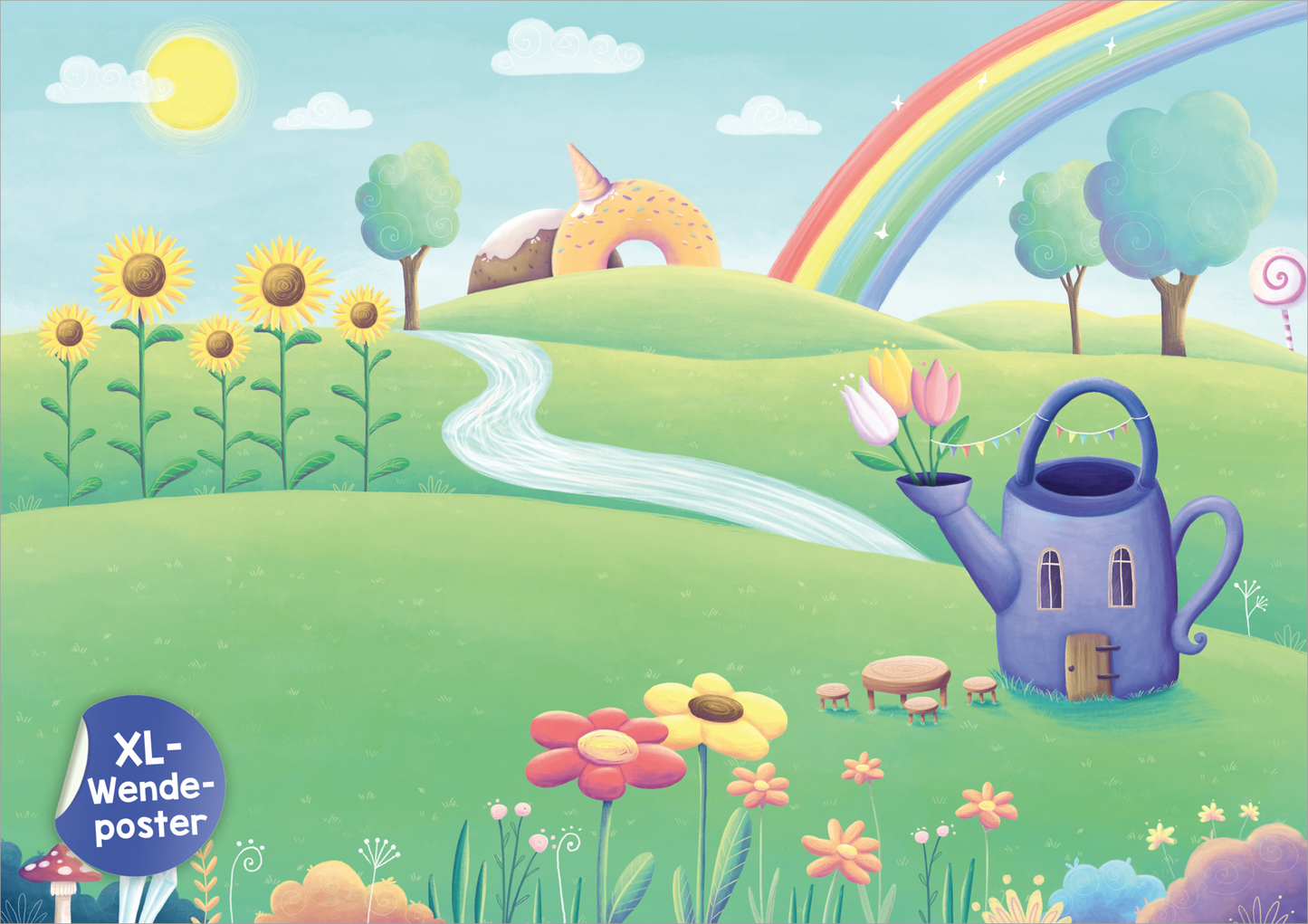 Gezeigt wird eine Innen- oder Zusatzansicht von „Mein XL Sticker-Poster Feen“. Die Szene ist bunt und fröhlich gestaltet mit lebhaften Farben wie Gelb, Grün und Pink. In der Mitte fließt ein sanfter Wasserlauf, umgeben von Blumen in verschiedenen Farben. Links stehen Sonnenblumen, während rechts ein bunter Regenbogen über einem hügeligen Hintergrund leuchtet. Ein blaues Gießkanne-Haus mit einer kleinen Tür ergänzt das Bild.