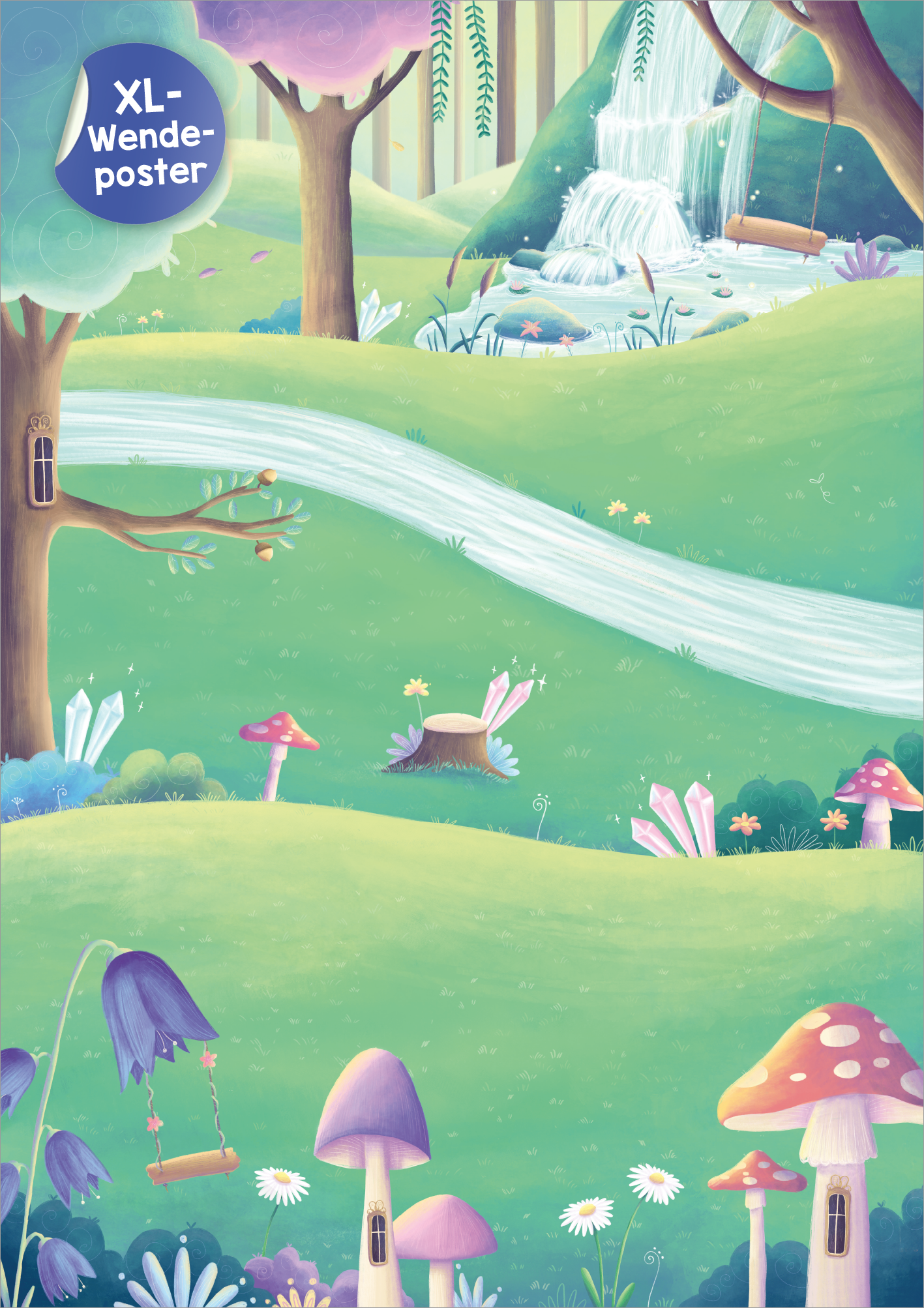Gezeigt wird eine Innen- oder Zusatzansicht von „Mein XL Sticker-Poster Feen“. Die Illustration präsentiert eine zauberhafte Landschaft mit sanften, grünen Hügeln und einem geschwungenen Fluss im Hochformat. Bunte Pilze in verschiedenen Größen und Formen sind im Vordergrund verteilt und haben reilweise kleine feenartige Fensterchen. Im Hintergrund fließt ein Wasserfall, umgeben von hohen Bäumen, Kristallen und Blumen. Ein malerischer Wasserfall ist weiter hinten zu sehen. Auf einem...