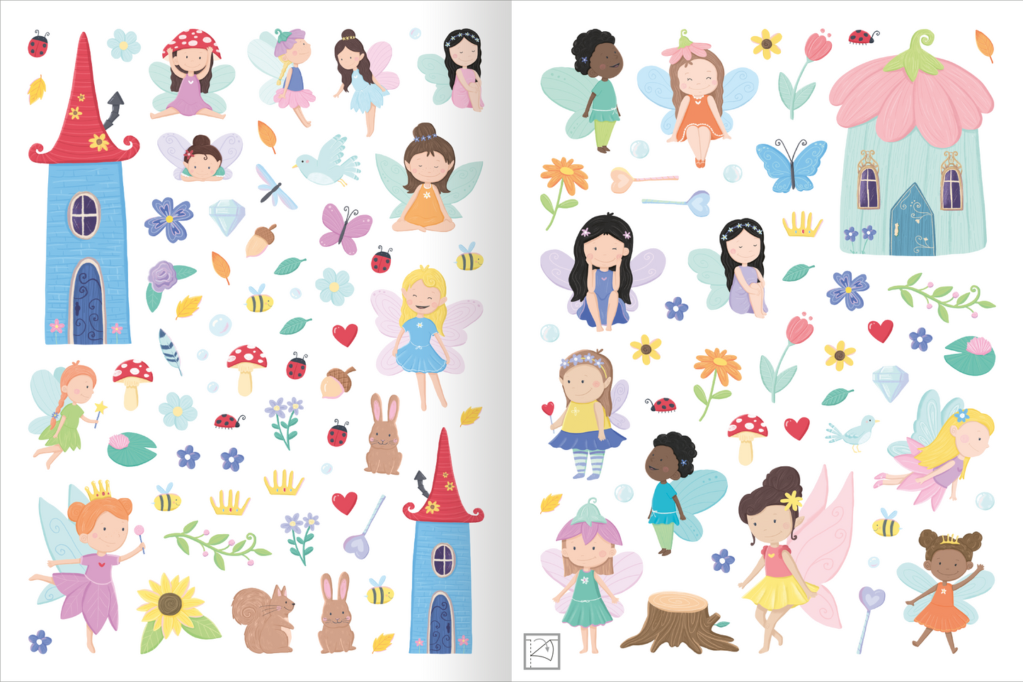 Gezeigt wird eine Innen- oder Zusatzansicht von „Mein XL Sticker-Poster Feen“. Die Illustration enthält zahlreiche bunte Feen in verschiedenen Posen, umgeben von stilisierten Blumen, Schmetterlingen und anderen märchenhaften Elementen. Dominierende Farben sind sanfte Pastelltöne wie Rosa, Blau und Gelb. Auffällig sind die süpen Illustrationen der Feen mit unterschiedlichen Haarfarben und -stilen sowie die verspielte Gestaltung der Feenhäuser.