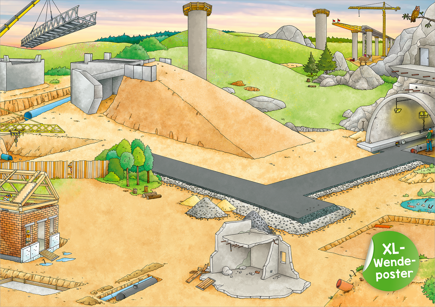 Gezeigt wird eine Innen- oder Zusatzansicht von „Mein XL Sticker-Poster Baustelle“. Die Illustration präsentiert eine lebhafte Baustellenszene mit verschiedenen Anlagen wie einem Fördersilo, einer Erdrampe und einer frisch geteerten Straße. Im Bild verteilt stehen ab und zu Baumgruppen. 
Dominierende Farben sind Erd- und Grüntöne, ergänzend mit hellen Blau- und Grautönen.