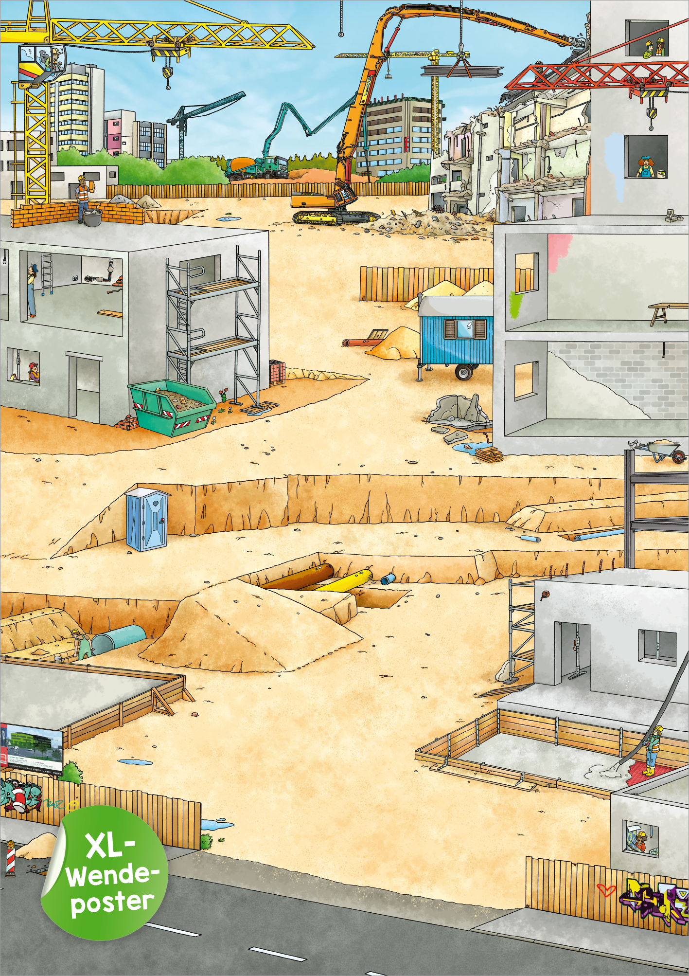 Gezeigt wird eine Innen- oder Zusatzansicht von „Mein XL Sticker-Poster Baustelle“ im Hochkantformat. Die Illustration präsentiert eine lebendige Baustelle mit Kränen, Bauwagen und teilfertigen Gebäuden in hellen Farben. Gelbe und grüne Elemente dominieren die Szene, während verschiedene Grautöne die Bauwerke akzentuieren. Eine dynamische Anordnung von Materialien und Baumaschinen, ergänzt durch Bagger und Kräne, gibt der Darstellung eine aktive Atmosphäre.