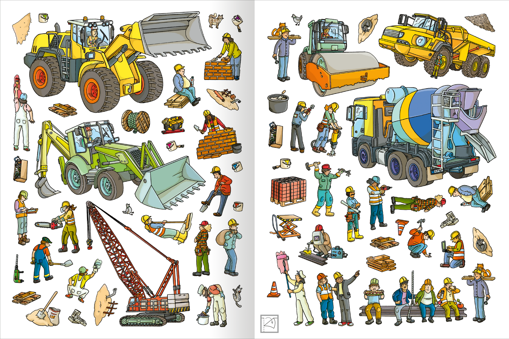 Gezeigt wird eine Innen- oder Zusatzansicht von „Mein XL Sticker-Poster Baustelle“. Die Illustrationen zeigen eine bunte Baustellenlandschaft mit verschiedenen Maschinen wie Baggern, Kränen und Betonmischern. Arbeiter und Bauarbeiterinnen in unterschiedlichen Farben und Arbeitskleidung sind aktiv, einige heben Materialien, andere bedienen Maschinen. Auch kleine Sticker wie Farbeimer, katzen und Bohrmaschinen gibt es zu Auswahl.