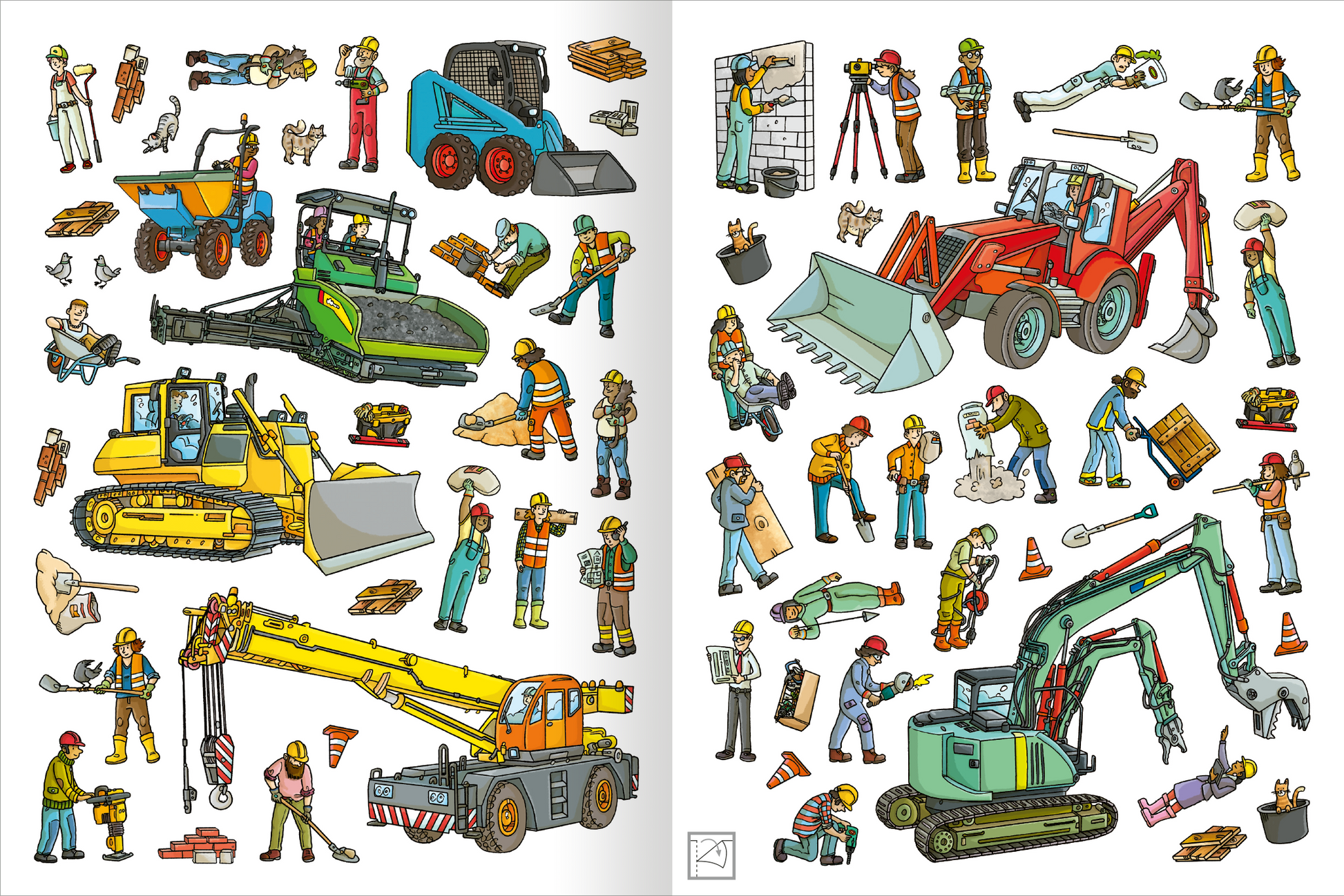 Gezeigt wird eine Innen- oder Zusatzansicht von „Mein XL Sticker-Poster Baustelle“. Die Illustrationen zeigen eine bunte Baustellenlandschaft mit verschiedenen Maschinen wie Baggern, Kränen und Betonmischern. Arbeiter und Bauarbeiterinnen in unterschiedlichen Farben und Arbeitskleidung sind aktiv, einige heben Materialien, andere bedienen Maschinen. Auch kleine Sticker wie Farbeimer, katzen und Bohrmaschinen gibt es zu Auswahl.