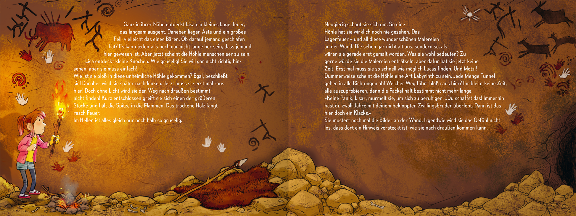 Gezeigt wird eine Innen- oder Zusatzansicht von „Die Zeitenspringer – Das weiße Mammut“. Die Illustration zeigt eine prähistorische Szenerie mit einer Felswand in warmen, erdigen Farben wie Braun und Orange, auf der farbige Höhlenmalereien abgebildet sind. In der Mitte steht ein Mädchen mit einer Fackel, umgeben von Steinen und einem Tierfell. Die Schrift ist in einer kindgerechten, gut leserlichen Typografie gehalten und verleiht dem Text einen lebendigen und einladenden Charakter.