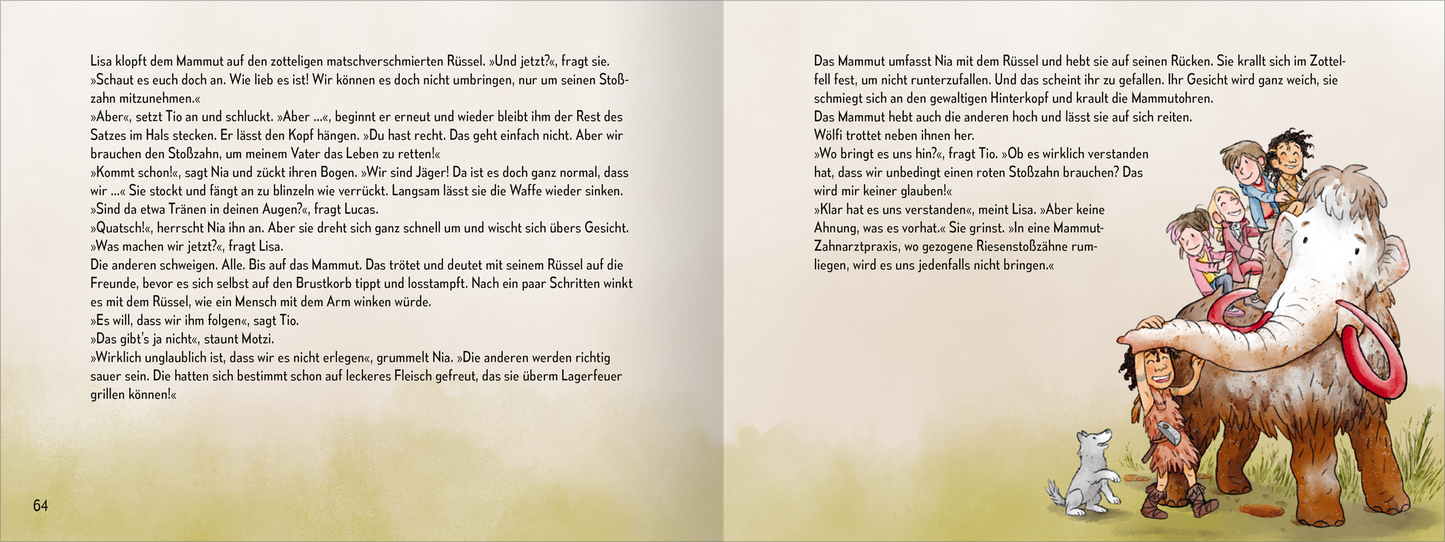 Gezeigt wird eine Innen- oder Zusatzansicht von „Die Zeitenspringer – Das weiße Mammut“. Die Seite präsentiert zwei Textspalten, die in einer gut lesbaren, klaren Schriftart gehalten sind. Der Hintergrund ist sanft grünlich-beige, was eine harmonische Atmosphäre schafft. Links sind Illustrationen von Abenteuerfiguren und einem Mammut abgebildet, die lebendige Farben nutzen, darunter Brauntöne und lebhafte Akzente. Die typografische Gestaltung unterstützt die Lesbarkeit und die...