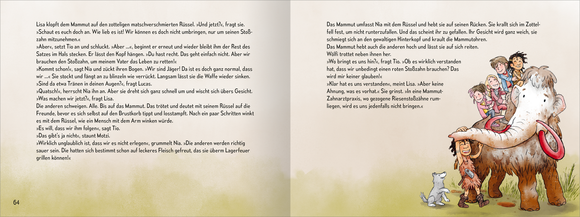 Gezeigt wird eine Innen- oder Zusatzansicht von „Die Zeitenspringer – Das weiße Mammut“. Die Seite präsentiert zwei Textspalten, die in einer gut lesbaren, klaren Schriftart gehalten sind. Der Hintergrund ist sanft grünlich-beige, was eine harmonische Atmosphäre schafft. Links sind Illustrationen von Abenteuerfiguren und einem Mammut abgebildet, die lebendige Farben nutzen, darunter Brauntöne und lebhafte Akzente. Die typografische Gestaltung unterstützt die Lesbarkeit und die...