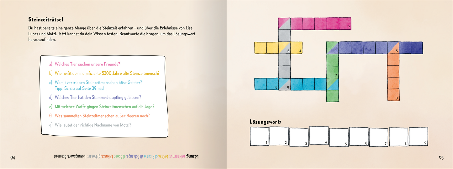 Gezeigt wird eine Innen- oder Zusatzansicht von „Die Zeitenspringer – Das weiße Mammut“. Auf der linken Seite befindet sich ein Rätsel mit bunten Fragen in verschiedenen Farben, umgeben von einer sanften, hellen Hintergrundfarbe. Die Fragen sind in einer verspielten Schriftart gestaltet. Auf der rechten Seite ist ein farbiges Kreuzworträtsel abgebildet, das aus verschiedenen bunten Feldern besteht. In der unteren Reihe sind leere Kästchen für die Lösungen angeordnet.