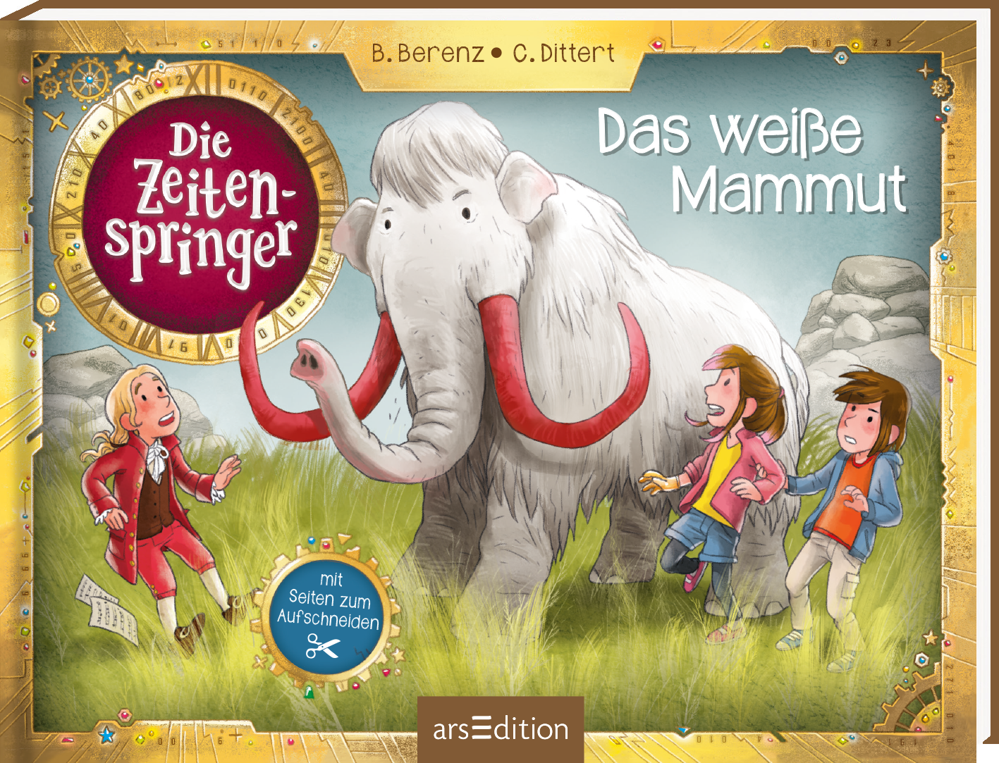 Das Buchcover zeigt ein weißes Mammut mit roten Stoßzähnen in einer grünen Wiese. Links und rechts stehen zwei Kinder, die überrascht und neugierig auf das Mammut blicken. Im Hintergrund sind leichte Felsen und ein blauer Himmel zu sehen. Der Titel „Die Zeitenspringer“ steht in verspielter, gelber Schrift oben links, während der Untertitel „Das weiße Mammut“ in einer hellen, deutlichen Schrift darunter erscheint. Oben links ist ein SPIEGEL-Bestseller-Button mit dem Text „mit...