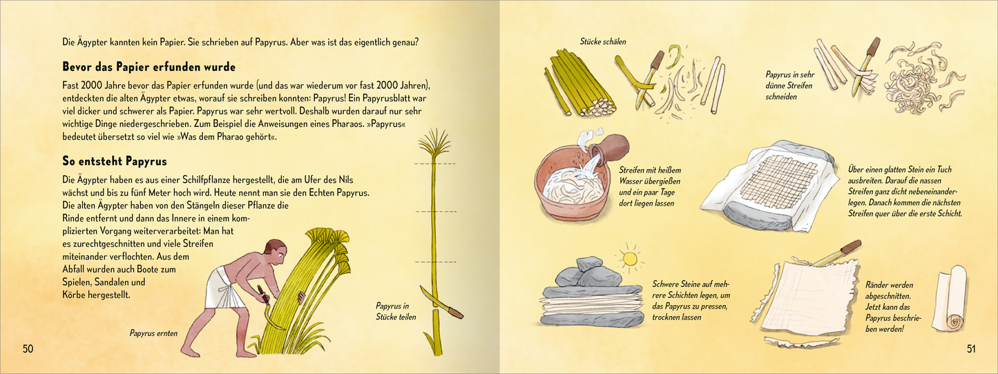 Gezeigt wird eine Innen- oder Zusatzansicht von „Die Zeitenspringer – Die große Pyramide“. Die Seiten sind in sanften Gelbtönen gehalten und greifen Themen der Papyrusherstellung auf. Links ist eine Illustration eines Menschen, der Papyrusrollen bearbeitet, während rechts verschiedene Schritte zur Herstellung von Papyrus sowie Materialien wie Schilfrohr gezeigt werden. Die Schrift ist klar und gut lesbar, mit erläuternden Texten, die in ansprechender, einfacher Typografie gestaltet...