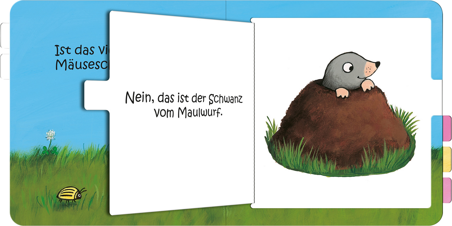 Gezeigt wird eine Innen- oder Zusatzansicht von „Wo bist du, kleine Maus?“. Die linke Seite des Buches zeigt den Text „Ist das vielleicht die Mäuseschwanz?“ in einer klaren, spielerischen Schriftart. Auf der rechten Seite sieht man einen niedlichen Maulwurf, der aus einem Erdhaufen schaut, umgeben von grünem Gras. Der Hintergrund ist hellblau mit wenigen Wolken und dezenten Naturmotiven, die eine fröhliche Stimmung vermitteln. Die Farben sind lebhaft und ansprechend für die...