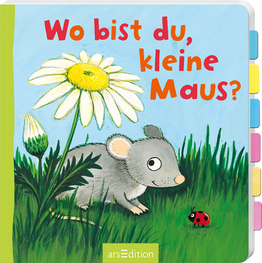 Das Buchcover zeigt eine süße, graue Maus, die auf einer Wiese sitzt, umgeben von grünem Gras und bunten Blumen, darunter eine große, weiße Margerite. Der Titel „Wo bist du, kleine Maus?“ ist in verspielter, roter Schrift oben auf dem Cover platziert. Ein roter Marienkäfer krabbelt neben der Maus. Der Hintergrund ist hellblau und vermittelt eine fröhliche Atmosphäre. Ganz unten mittig steht der Logoschriftzug von arsEdition.