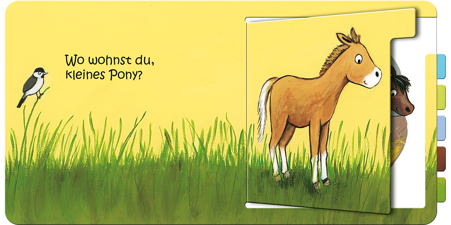 Gezeigt wird eine Innen- oder Zusatzansicht von „Wo wohnst du, kleines Pony?“. Die Illustration zeigt ein fröhliches Pony in sanften Brauntönen vor einem hellgelben Hintergrund, umgeben von grünem Gras. Der Text „Wo wohnst du, kleines Pony?“ ist in einer kindgerechten, verspielten Schriftart gehalten. Links ist ein kleiner Vogel abgebildet, der zur freundlichen Atmosphäre der Seite beiträgt. Die Farbgebung ist hell und einladend.