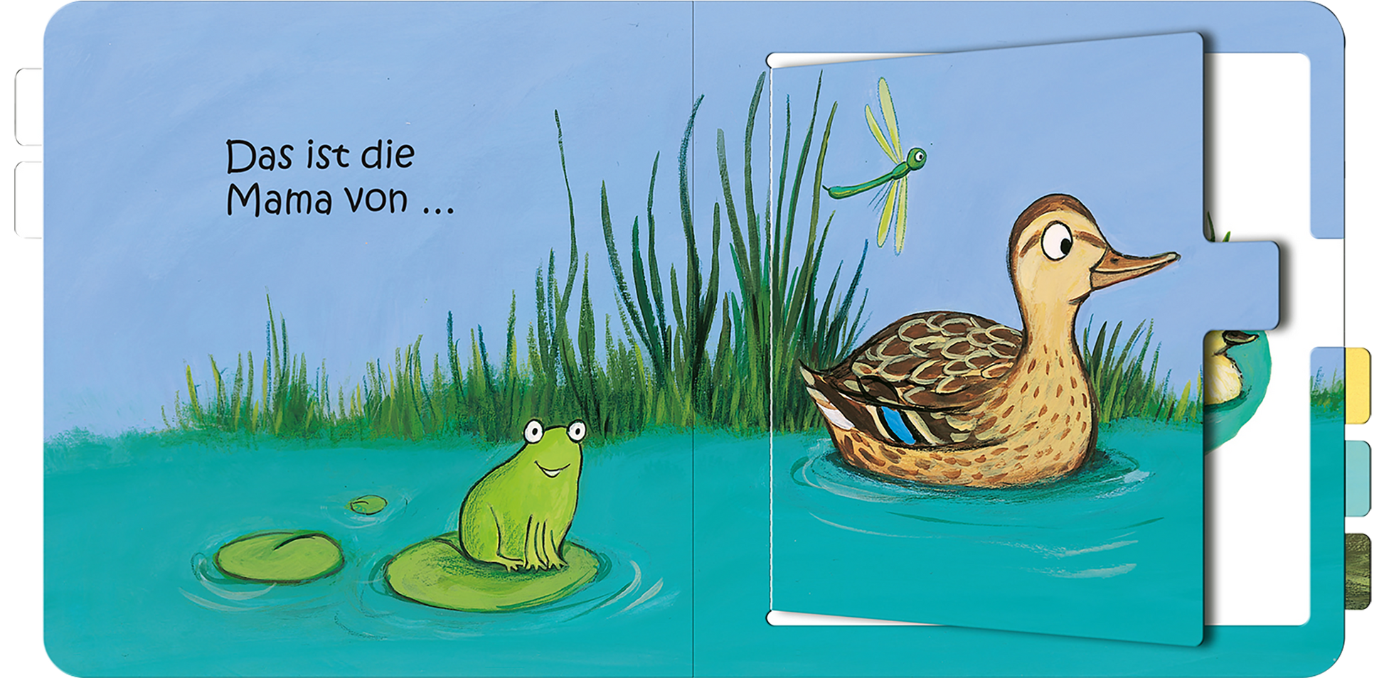 Gezeigt wird eine Innen- oder Zusatzansicht von „Das ist die Mama von ...“. Auf der Seite ist eine bunte, fröhliche Illustration zu sehen. Im Vordergrund sitzt ein grüner Frosch auf einem Wasserblatt, während im Hintergrund eine braune Ente im blauen Wasser schwimmt. Umgeben wird das Bild von grünen Wasserpflanzen und einer fliegenden Libelle. Der Titel ist in einer klaren, kindgerechten Schriftart geschrieben, die gut lesbar ist. Die Farben sind lebhaft und einladend.