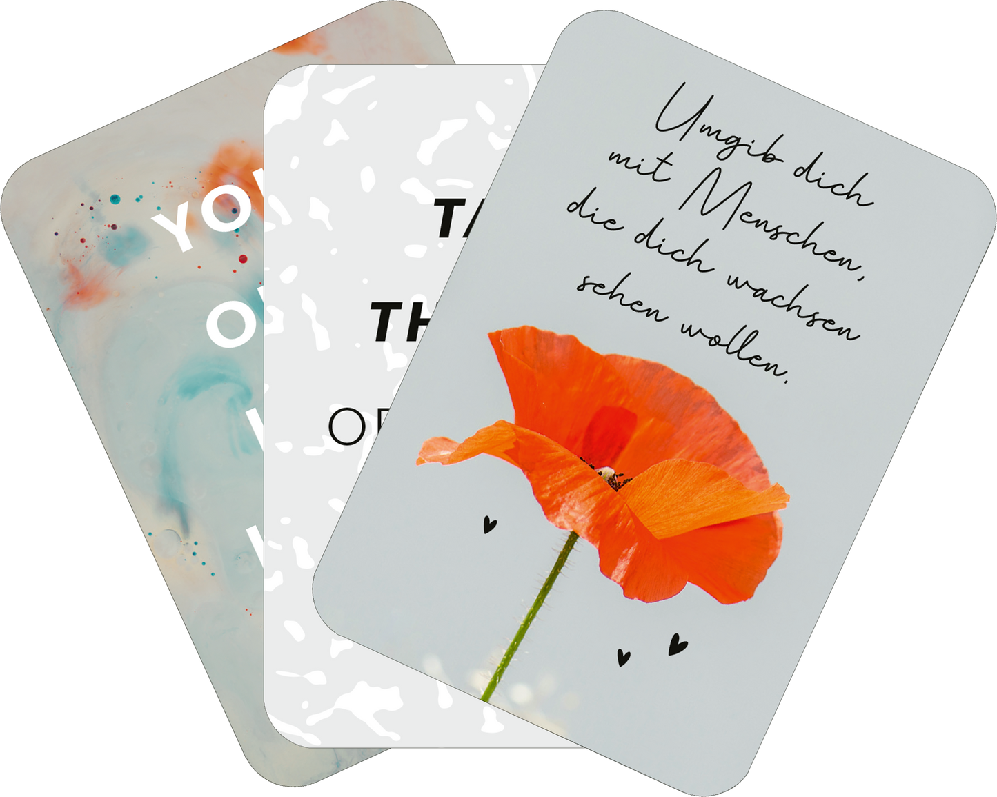 Gezeigt wird eine Innen- oder Zusatzansicht von „Mini-Coach. Hello, neuer Mut!“. Die Ansicht umfasst drei Karten mit verschiedenen Designs. Eine Karte zeigt eine orangefarbene Mohnblume auf einem hellen Hintergrund, überlagert mit der motivierenden Aufschrift „Ungib dich mit Menschen, die dich wachsen sehen wollen.“. Eine weitere Karte ist in Schwarz-Weiß gehalten mit dem Text „The“. Die dritte Karte hat ein abstraktes, pastellfarbiges Muster und den Schriftzug „YOU“. Die...