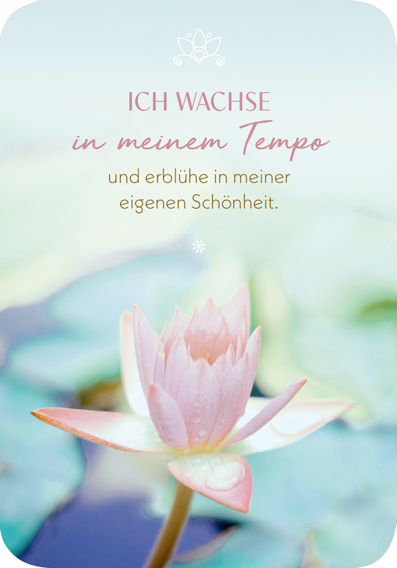 Gezeigt wird eine Innen- oder Zusatzansicht von „Meditations-Mantras“. Der Hintergrund ist in sanften Pastelltönen gehalten, was eine ruhige Stimmung erzeugt. Im Vordergrund steht eine zarte Seerose in rosafarbenen Tönen. Der Text „ICH WACHSÉ in meinem Tempo“ ist in einer eleganten, verschnörkelten Schriftart in einem dunkleren Rosaton platziert. Darunter folgt der Satz „und erblühe in meiner eigenen Schönheit“ in einer schlichteren Schrift, was den harmonischen Gesamteindruck...