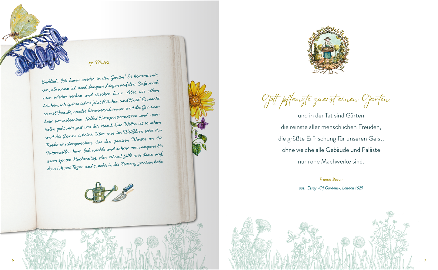 Gezeigt wird eine Innenansicht von „Mein Garten, meine Seele“. Auf der linken Seite befindet sich eine handschriftliche, blaue Schrift auf hellem Hintergrund, umgeben von farbenfrohen Illustrationen, darunter eine Gießkanne und Blumen. Die rechte Seite präsentiert einen eleganten, goldenen Schriftzug des Zitats mit einem detaillierten Wappen darüber, das einen gärtnerischen Kontext vermittelt. Der Gesamtton ist harmonisch und einladend, mit sanften Pastelltönen und lebendigen Akzenten.