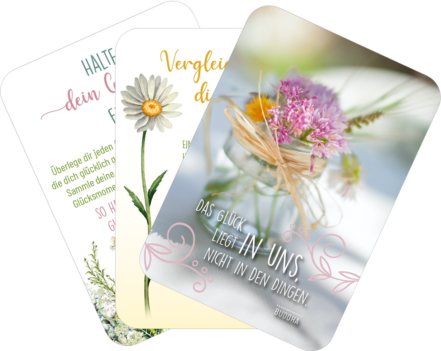 Gezeigt wird eine Innen- oder Zusatzansicht von „Sonne im Herzen“. Die Abbildung umfasst drei Karten mit unterschiedlichen Designs. Die obere Karte zeigt eine Daisy auf hellem Hintergrund mit geschwungener, grüner Schrift. Die mittlere Karte hat eine gebogene, goldene Schrift und veranschaulicht eine hübsche Blume. Die unterste Karte präsentiert eine Fotografie von bunten Blumen in einer Glasvase, umgeben von einem filigranen, verschnörkelten Rahmen und einem Zitat von Buddha in klarer,...