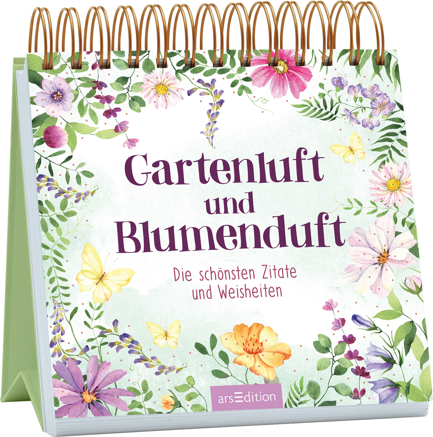 Auf dem Cover von „Gartenluft und Blumenduft“ erblühen zarte Blumen in Pastellfarben wie Rosa, Gelb und Lila auf einem hellgrünen Hintergrund. Der Titel ist in eleganter, tiefvioletter Schrift platziert, während der Untertitel „Die schönsten Zitate und Weisheiten“ in einer schlichten Schriftart darunter steht. Verzierungen mit Schmetterlingen und floralen Akzenten verleihen dem Cover eine fröhliche Atmosphäre. Ganz unten mittig steht der Logoschriftzug von arsEdition.