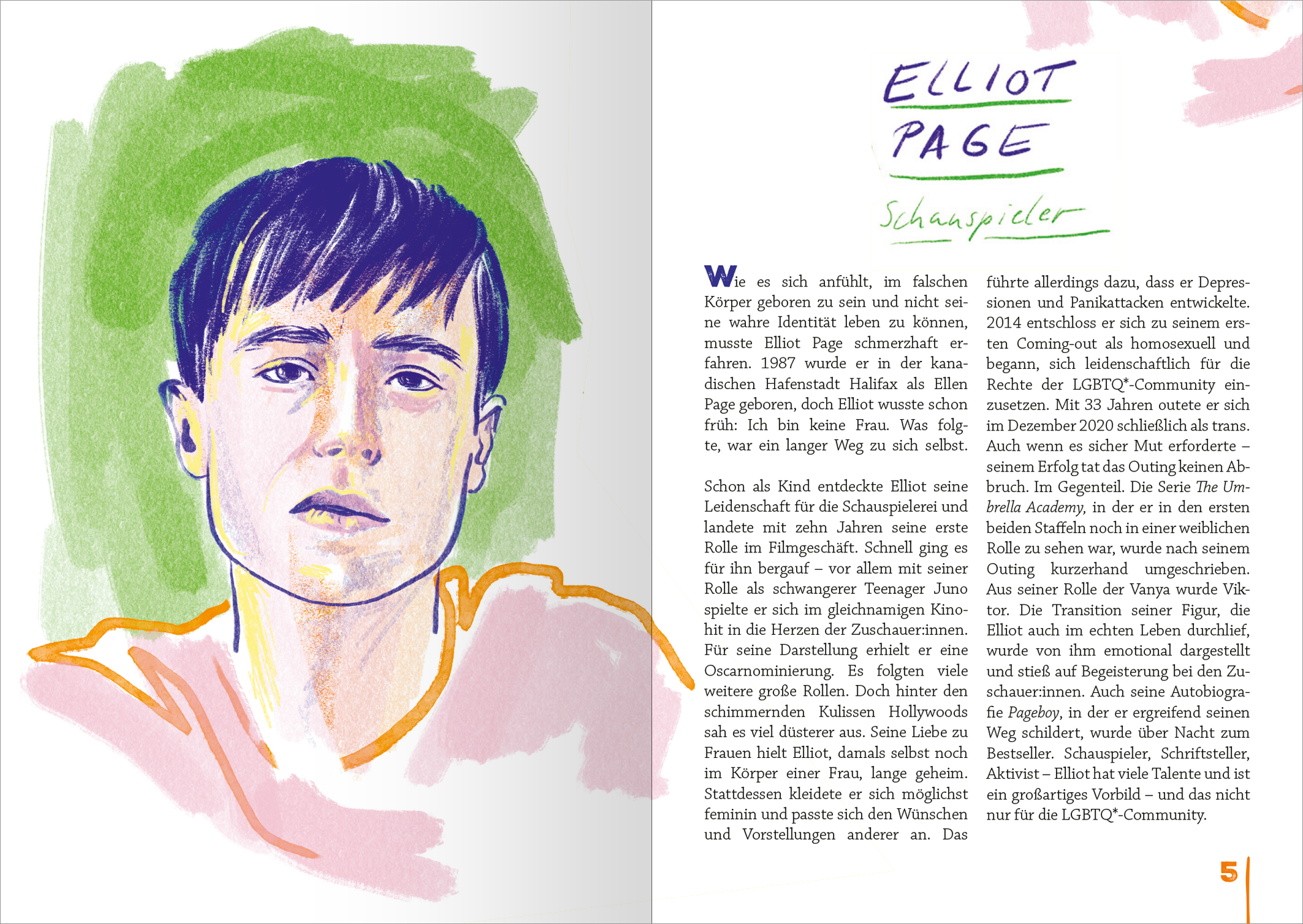 Gezeigt wird eine Innen- oder Zusatzansicht von „Queer und wild und wunderbar“. Auf der linken Seite ist ein bunt gestaltetes Porträt von Elliot Page zu sehen, umrahmt von lebhaften, akzentuierten Farben in Grün, Orange und Rosa. Die Zeichnung vermittelt eine ausdrucksstarke Mimik. Auf der rechten Seite ist der Text in klarer, gut lesbarer Schrift gesetzt. Die Überschrift „ELLIOT PAGE“ ist in einer auffälligen, handschriftlichen Typografie, während der Fließtext in einer...