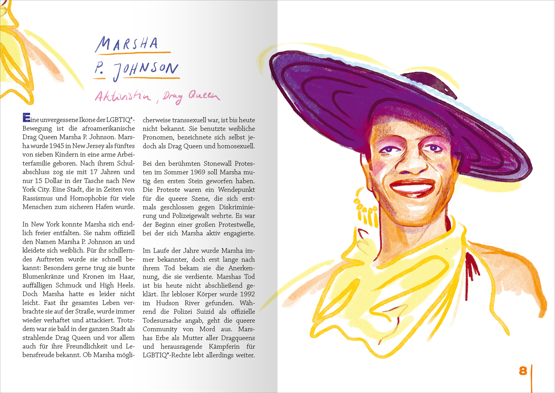 Gezeigt wird eine Innen- oder Zusatzansicht von „Queer und wild und wunderbar“. Die Seite präsentiert ein lebhaftes Porträt von Marsha P. Johnson, umgeben von leuchtenden Farben, die eine freundliche und inspirierende Atmosphäre schaffen. Die Schrift ist dynamisch und handschriftlich, was die persönliche Anrede verstärkt. Der Hintergrund ist hell gehalten, sodass die farbenfrohen Elemente des Bildes und die informative Textpassage klar hervorstechen.